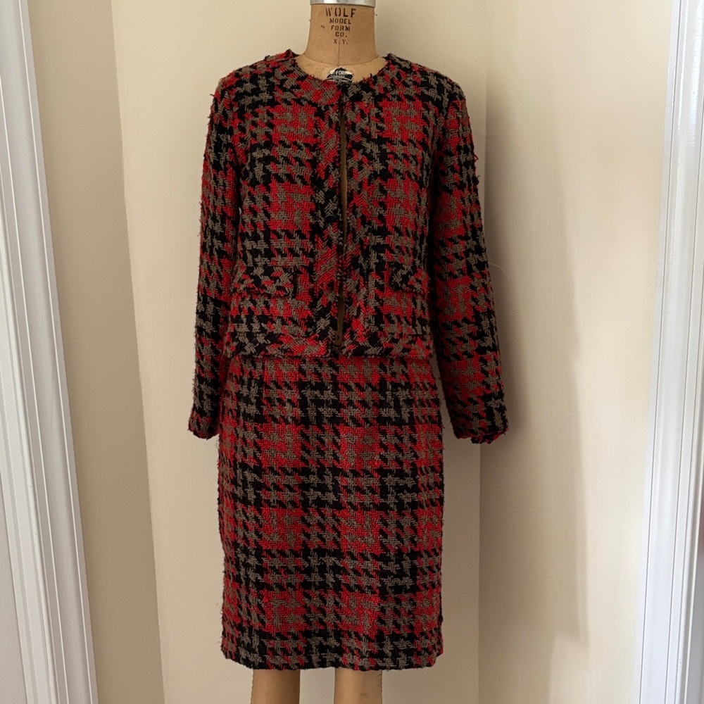 Vivienne Tam Red, Black and Gray Houndstooth Tweed Suit